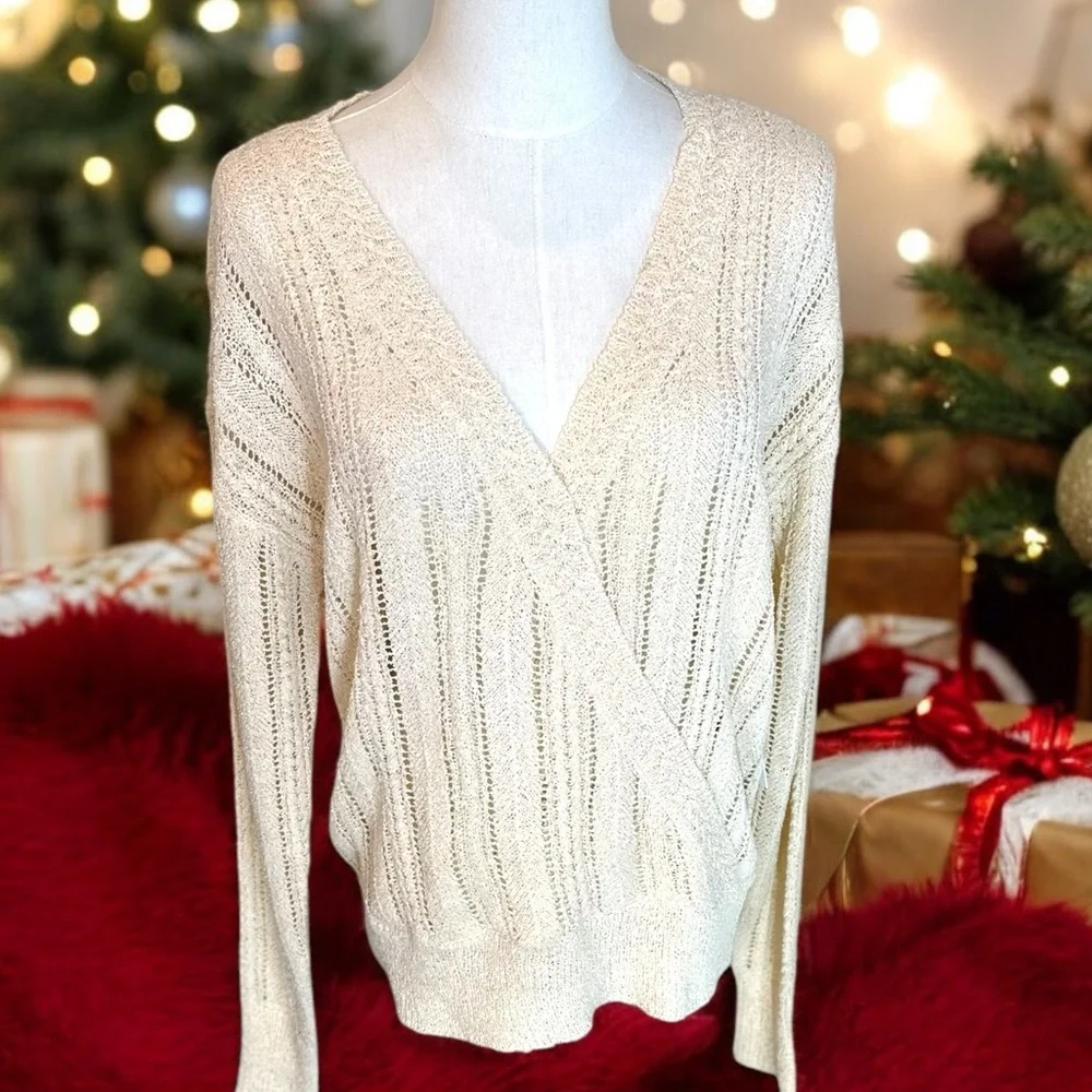Astr‎ the Label NWT size Large cream lace long sleeve vneck wrap sweater
